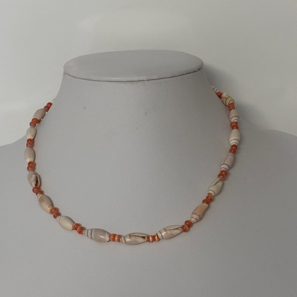 Vintage Shell Bead Necklace Orange Spacer Beads 18 inch Beach Boho Jewelry